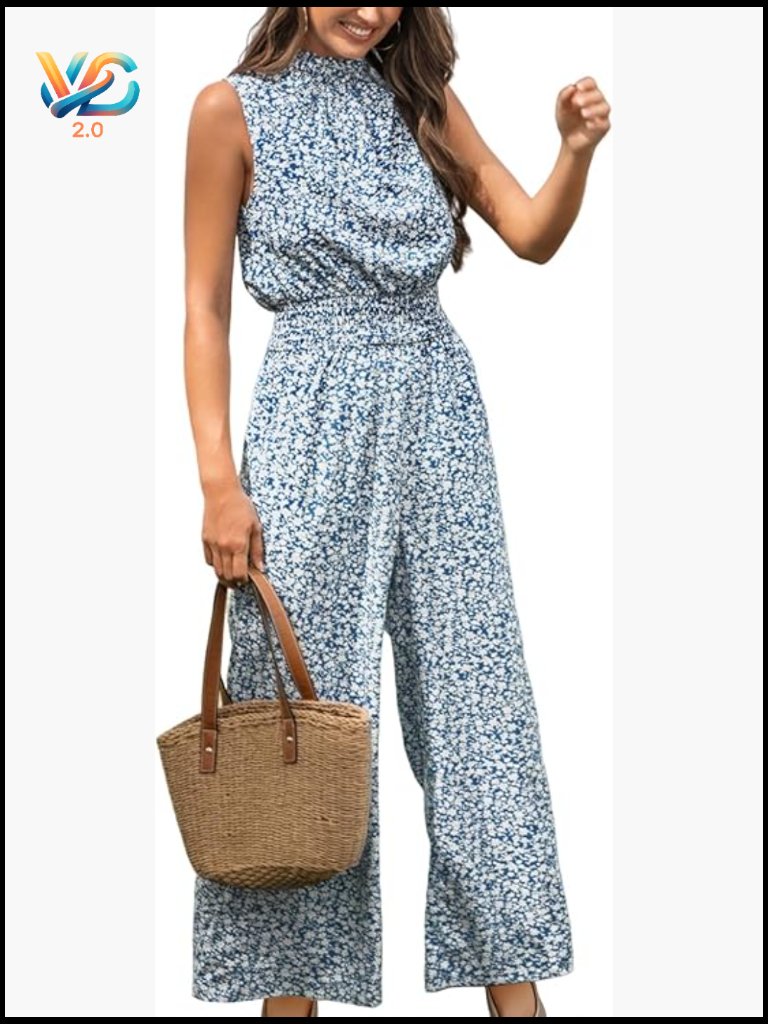 Floral Print Smocked Maxi Jumpsuit With Pockets Sleeveless Mock Neck Women's